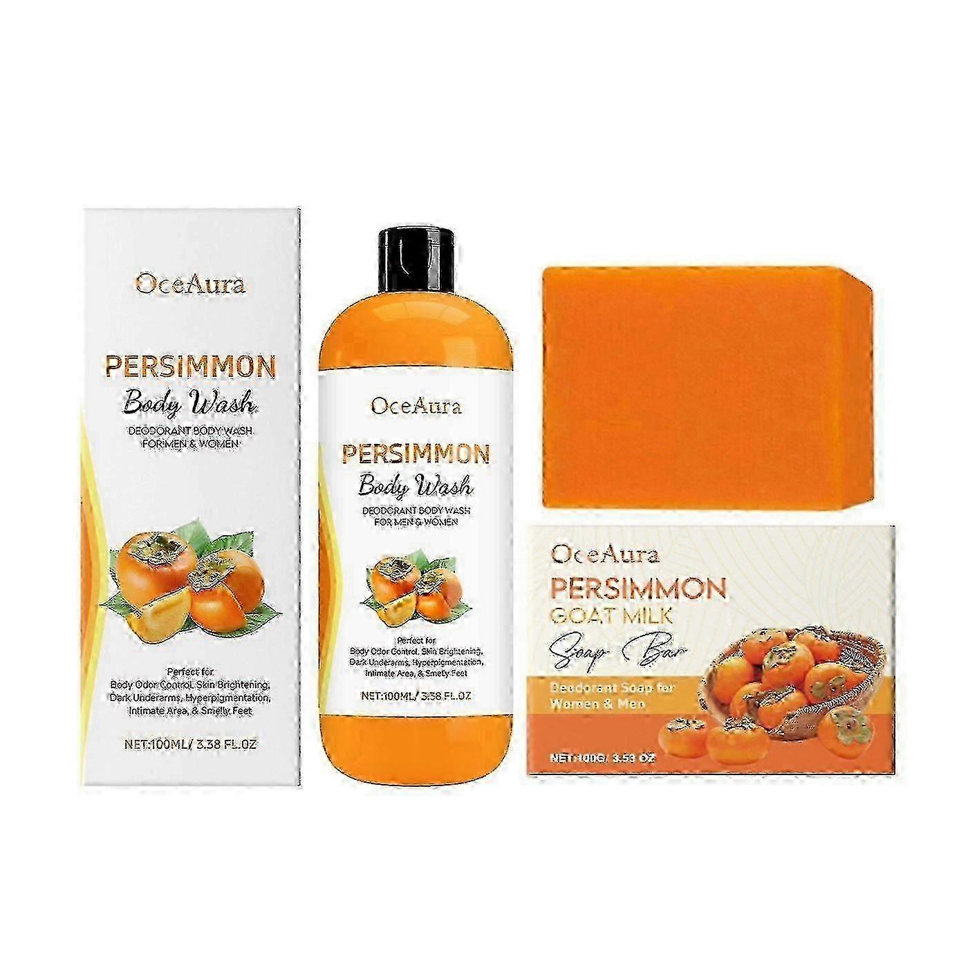 Processed Persimmon Body Wash & Soap Bar Set for Odor Control. Purifying Deodorizing Bath Set to Eliminate Body Odor, Brighten Skin