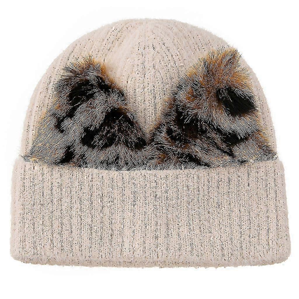 Personality Leopard Print Ear Knit Hat Warm Curl Edge Hat Foldable Fall Winter