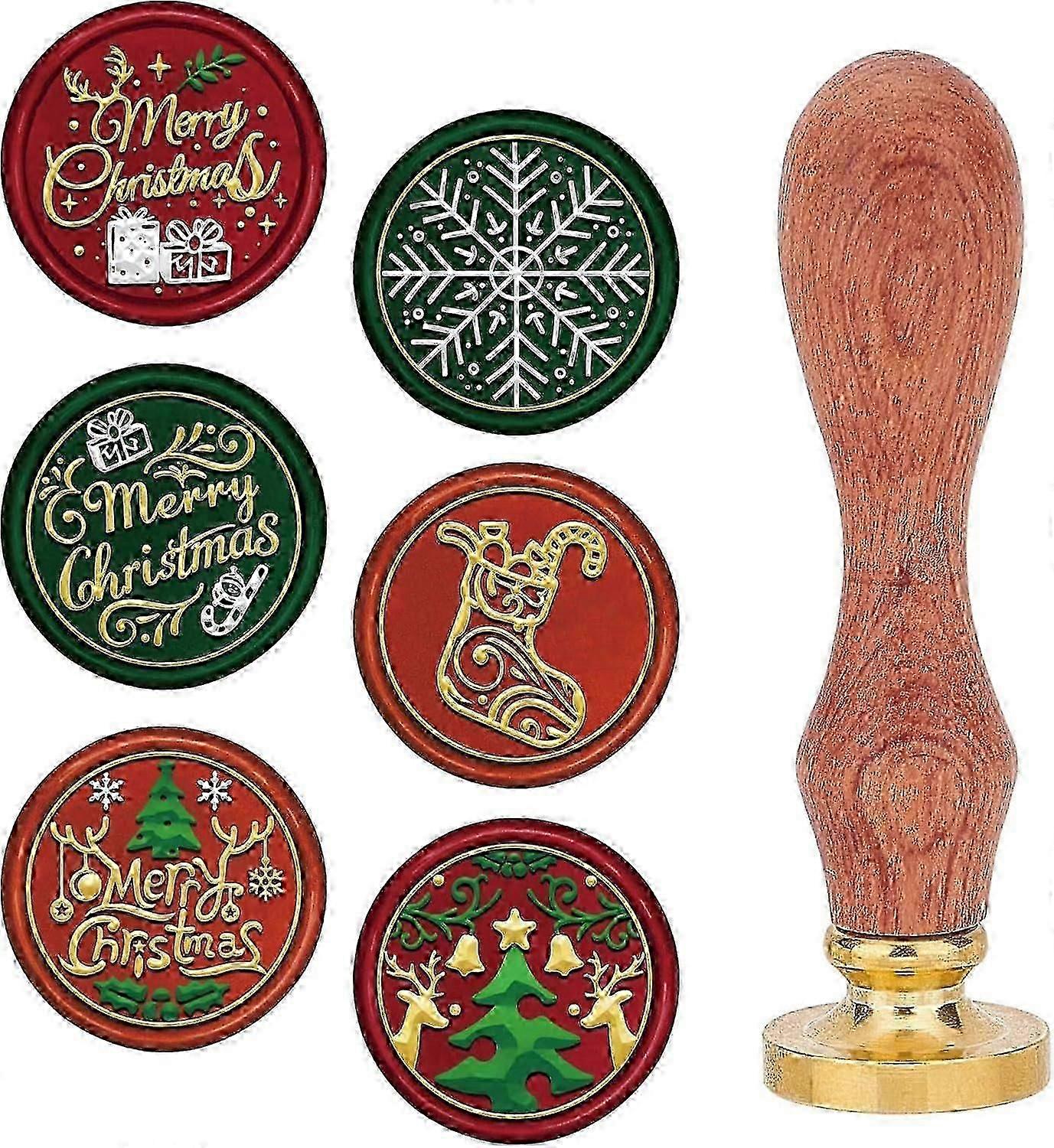 Christmas Wax Seal Stamp Set 6Pcs Sealing Wax Stamp Solid Brass Heads with 1Pc Wood Handles for Envelopes Invitations Mixed Shapes 75x22mm 25mm 6pcs/s