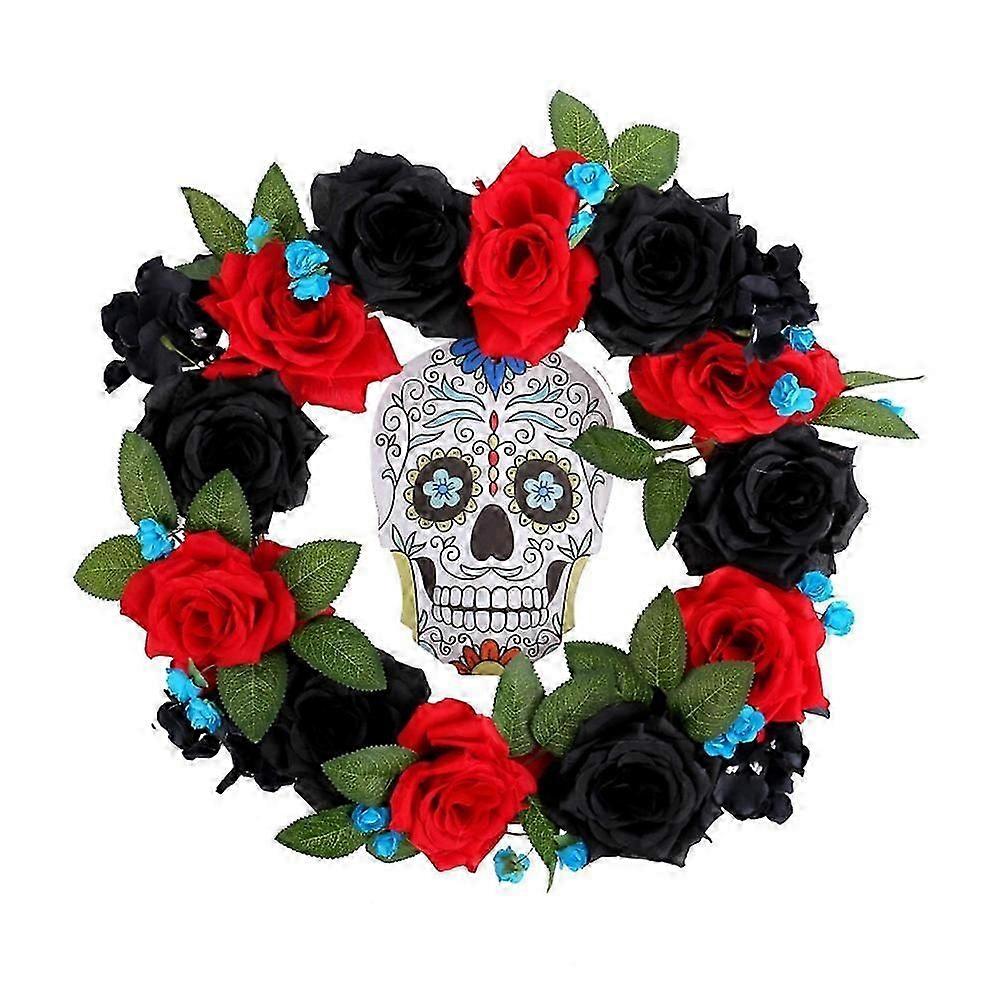 Halloween Wreath with Skull and Roses 13.77 Inch Diameter Spooky Decoration for Home Wall Window