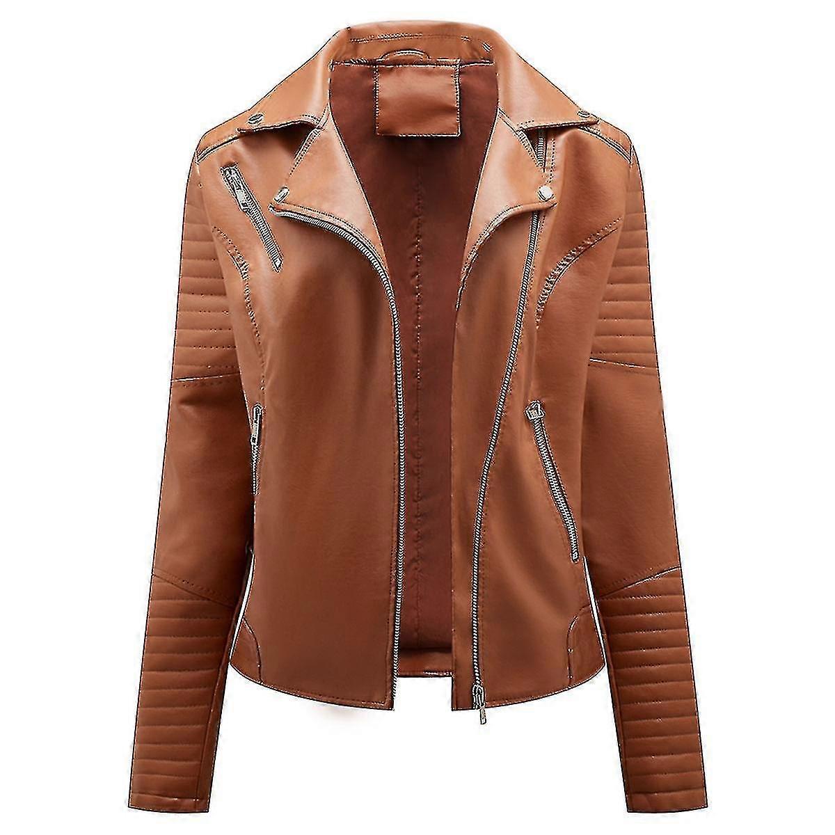 2025 Women's Solid Color Lapel Casual Cropped Slim Leather Jacket