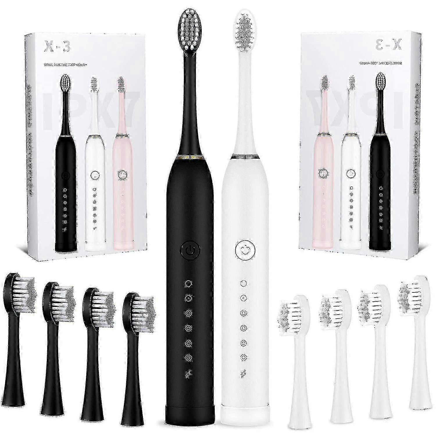 2 Stück 6 Modi Elektrische Zahnbürsten Wiederaufladbare elektrische Zahnbürste mit 2 Minuten Timer, 8 Stück Ersatz Bürstenköpfe (schwarz und weiß)