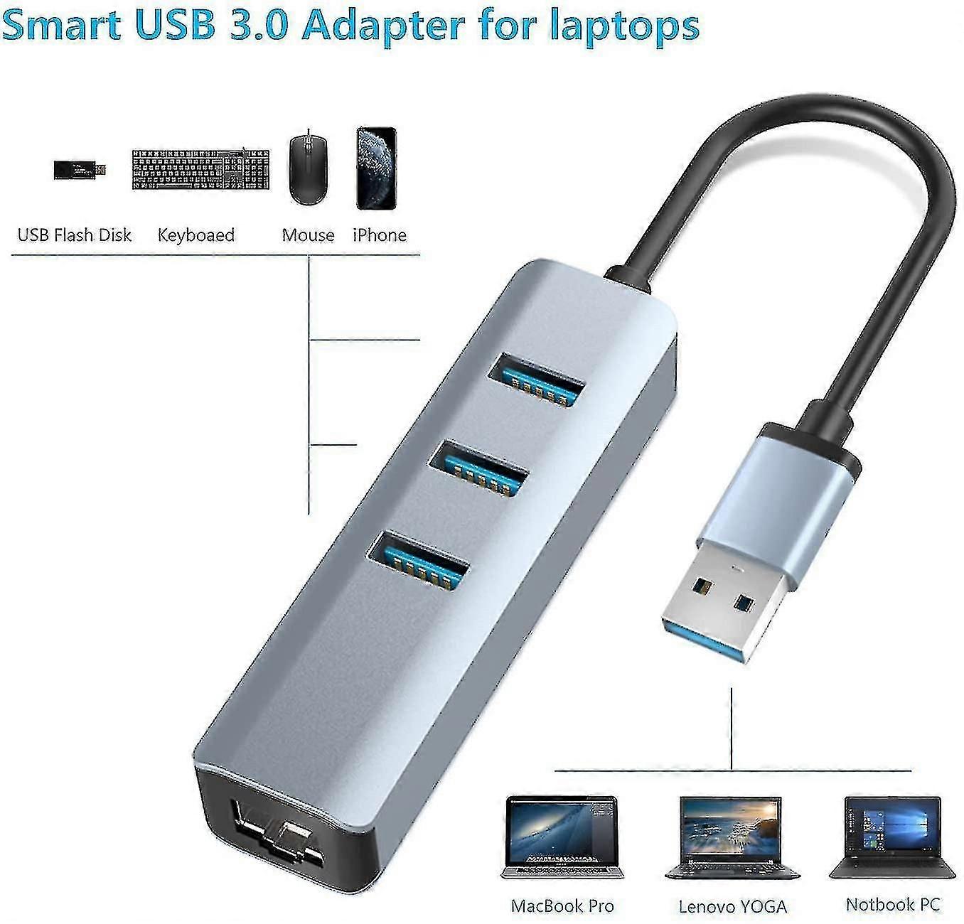 USB 3.0 zu Ethernet Adapter, 3-Port USB 3.0 Hub mit Rj45 10/100/1000 Gigabit Ethernet Adapter Suppo