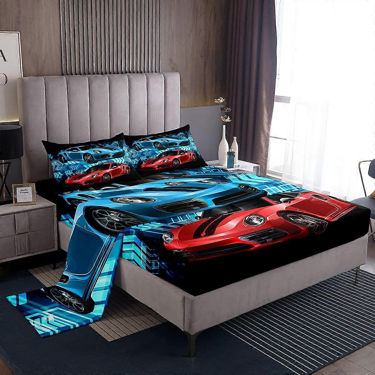 Bed Sheet Set with Plush Blanket, Breathable Race Car Bedding for Kids Full Size 4pcs