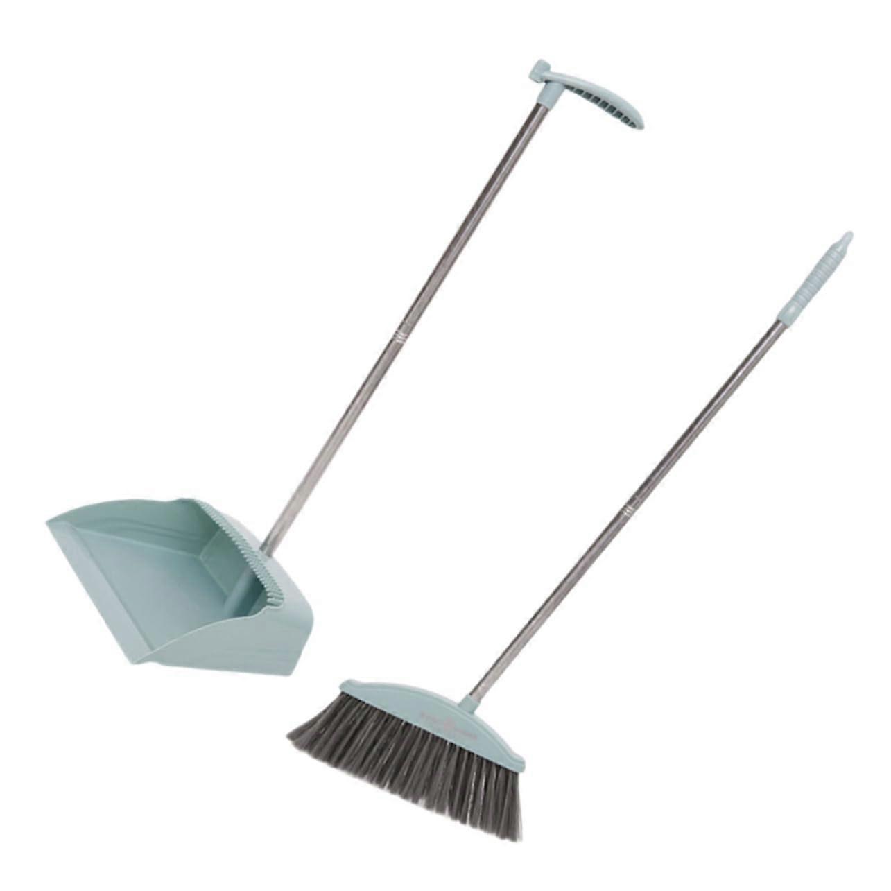 Long Handle Broom and Dustpan Set with Static Bristles for Hair Removal Floor Cleaning, 2 Piece Light Blue