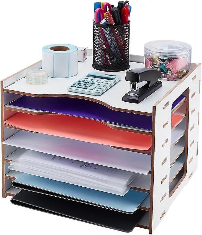 7 Tier File Organizer for Desk Wood Paper Organizer Storage Holder Shelf Desktop Document Letter Envelope Mail Sorter Rack Compartments for Office Siz