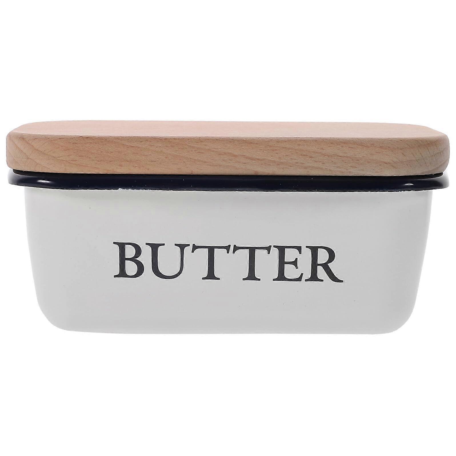 Enamel Butter Dish with Wooden Lid Keeps Butter Fresh Rectangular Countertop Storage Container