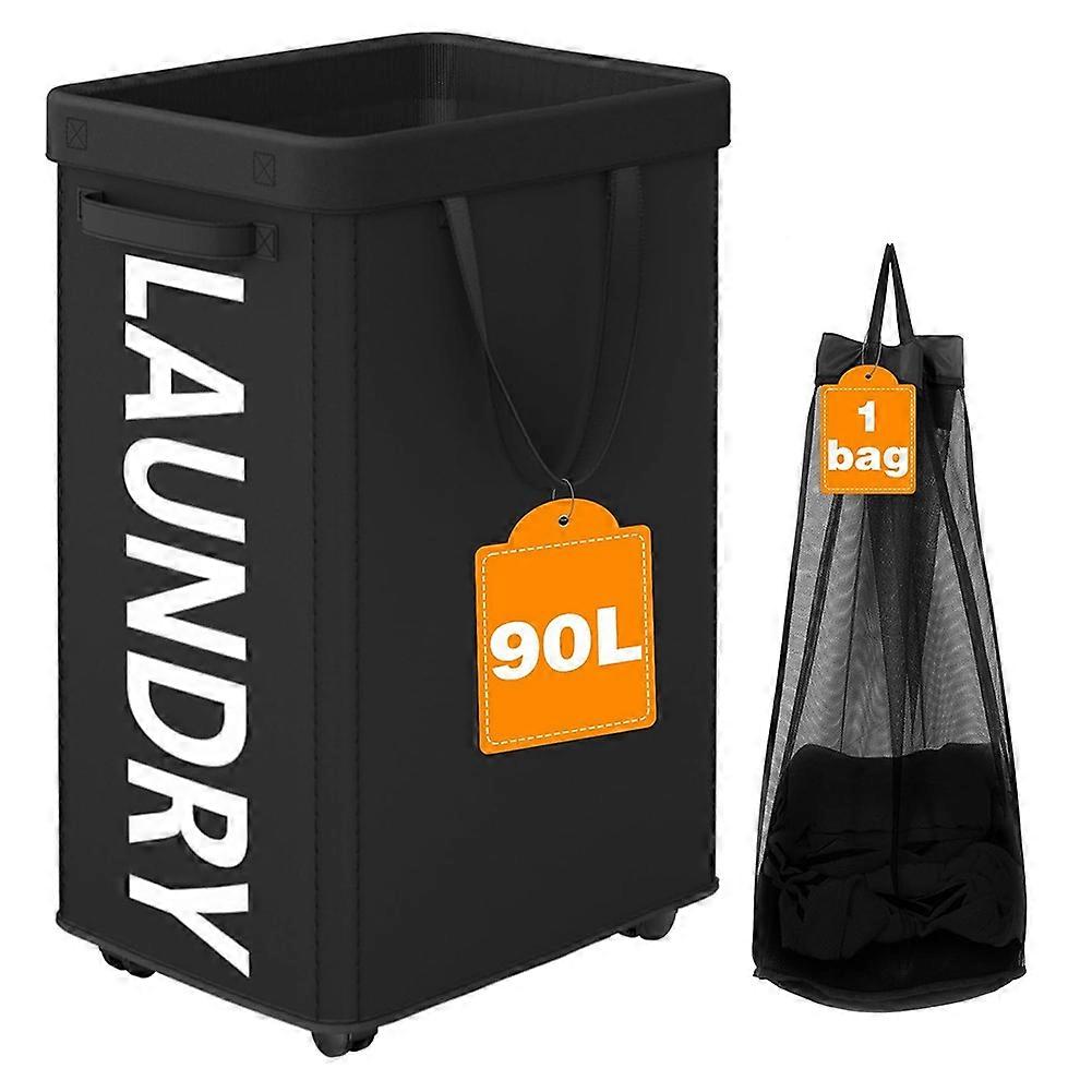90L Rolling Laundry Basket with Wheels, 29 in Hamper with Wheels and Removable Mesh Bag, Black Laundry Baskets on Wheels