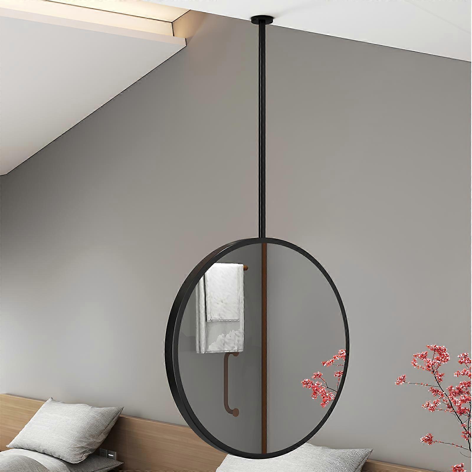 Ceiling Mounted Vanity Mirror with Black Metal Frame, Round Hanging Bathroom Mirror 40cm