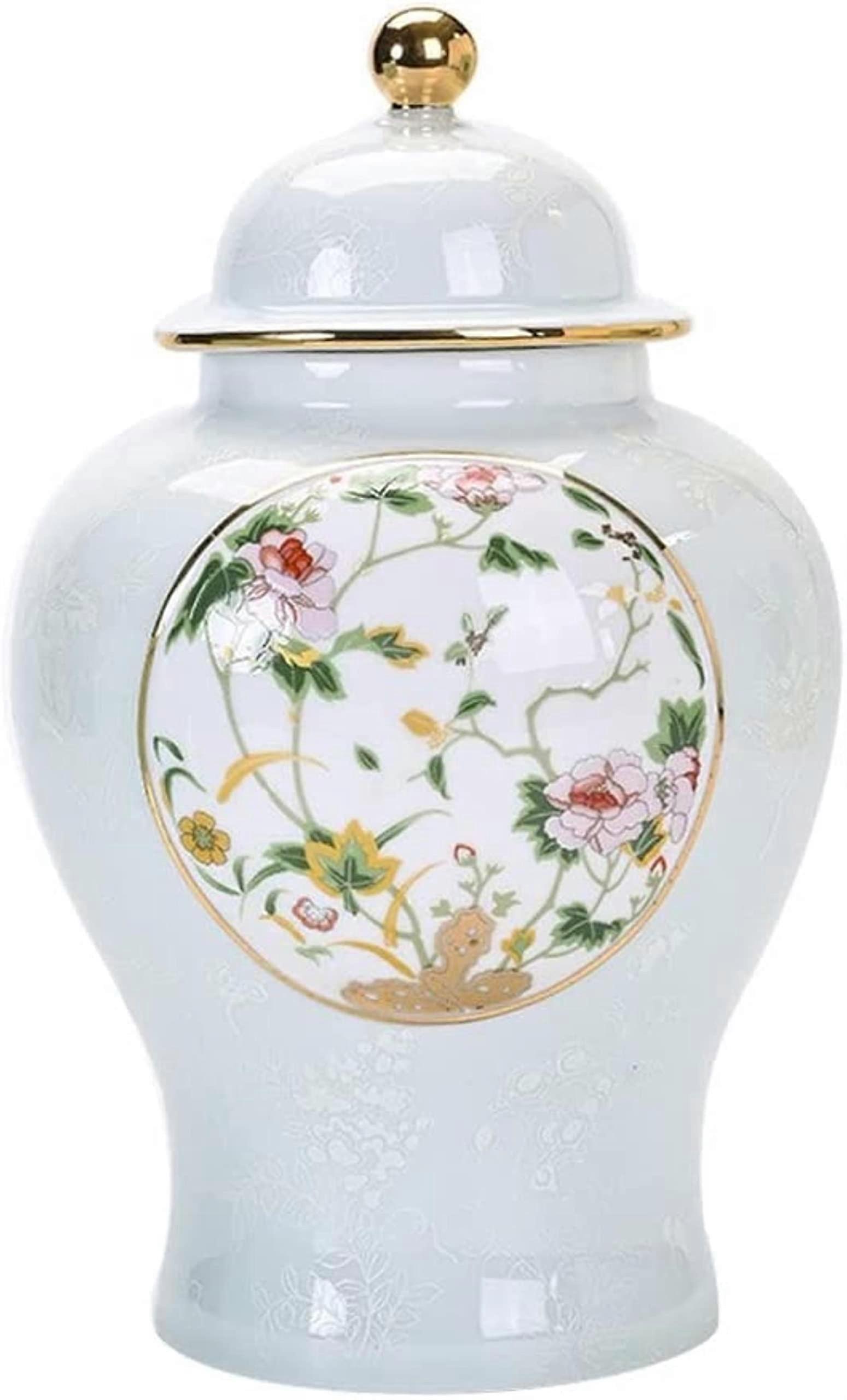 Ceramic Ginger Jar with Lid, Elegant Peach Pattern Vintage Style Glazed for Home Decor