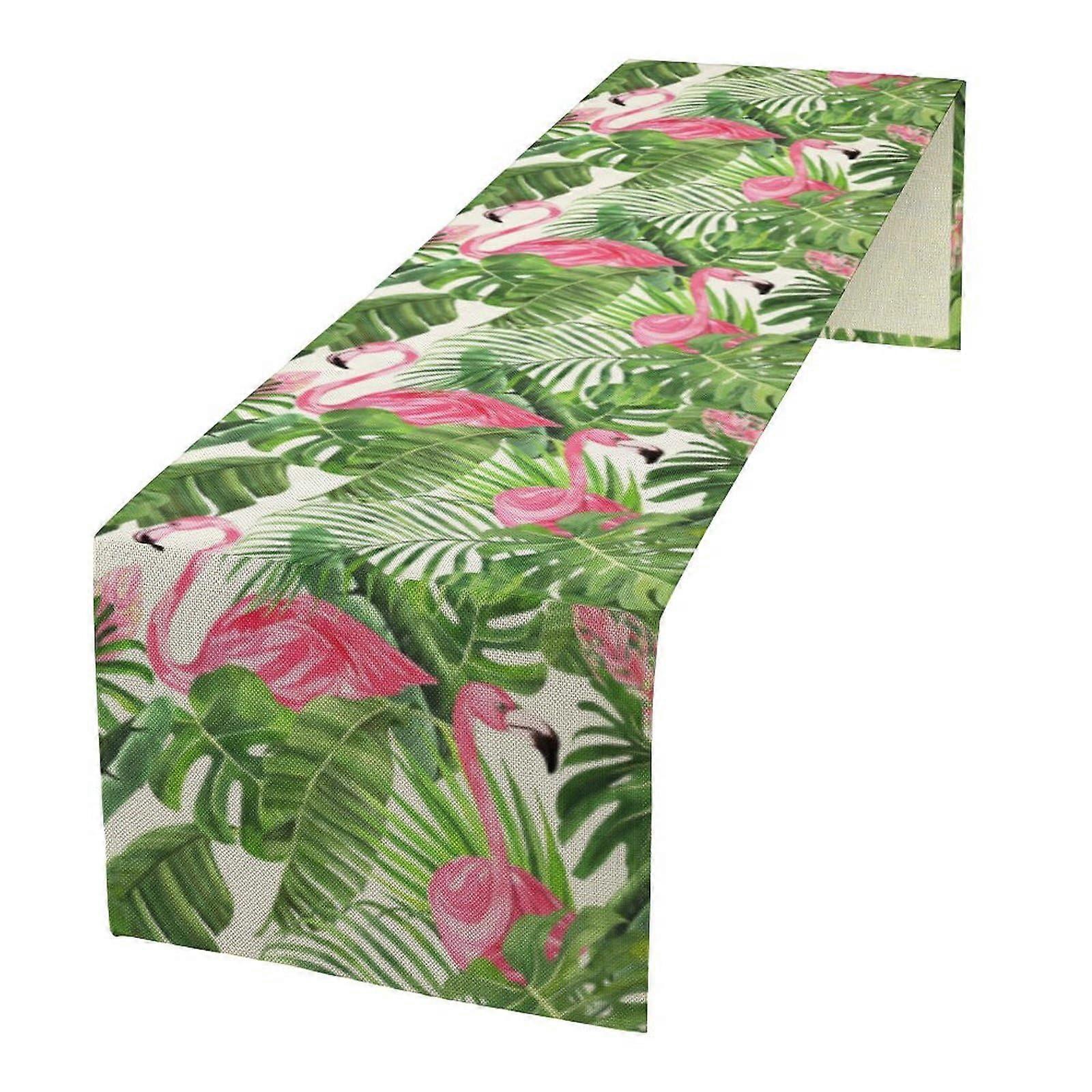 Tropical Table Runner with Palm Leaf and Flamingo Design, Durable Faux Linen for Wedding Party 13x36
