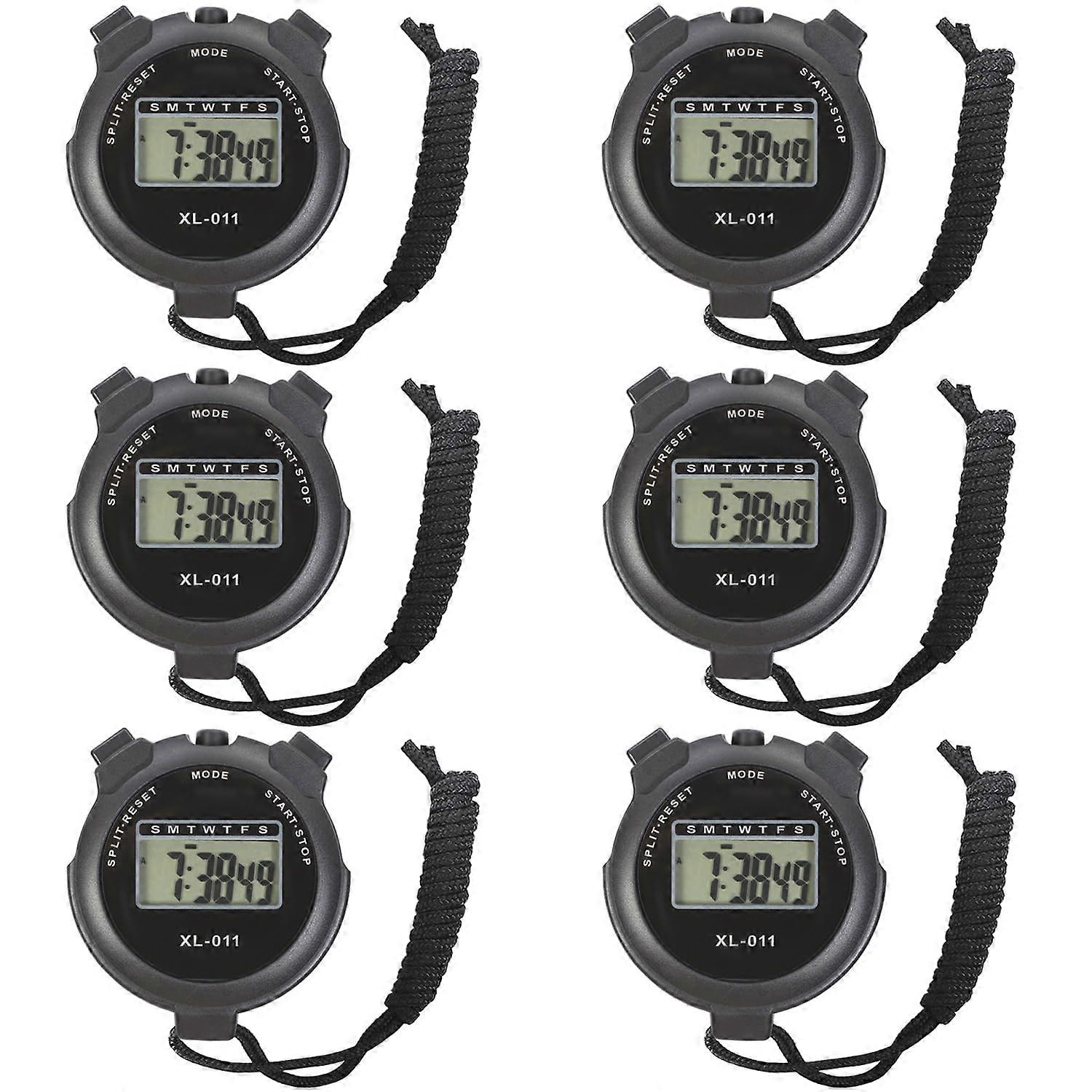6Pack Digital Sports Stopwatch Timer with Large Display Numbers, Alarm, Split Timing, Black