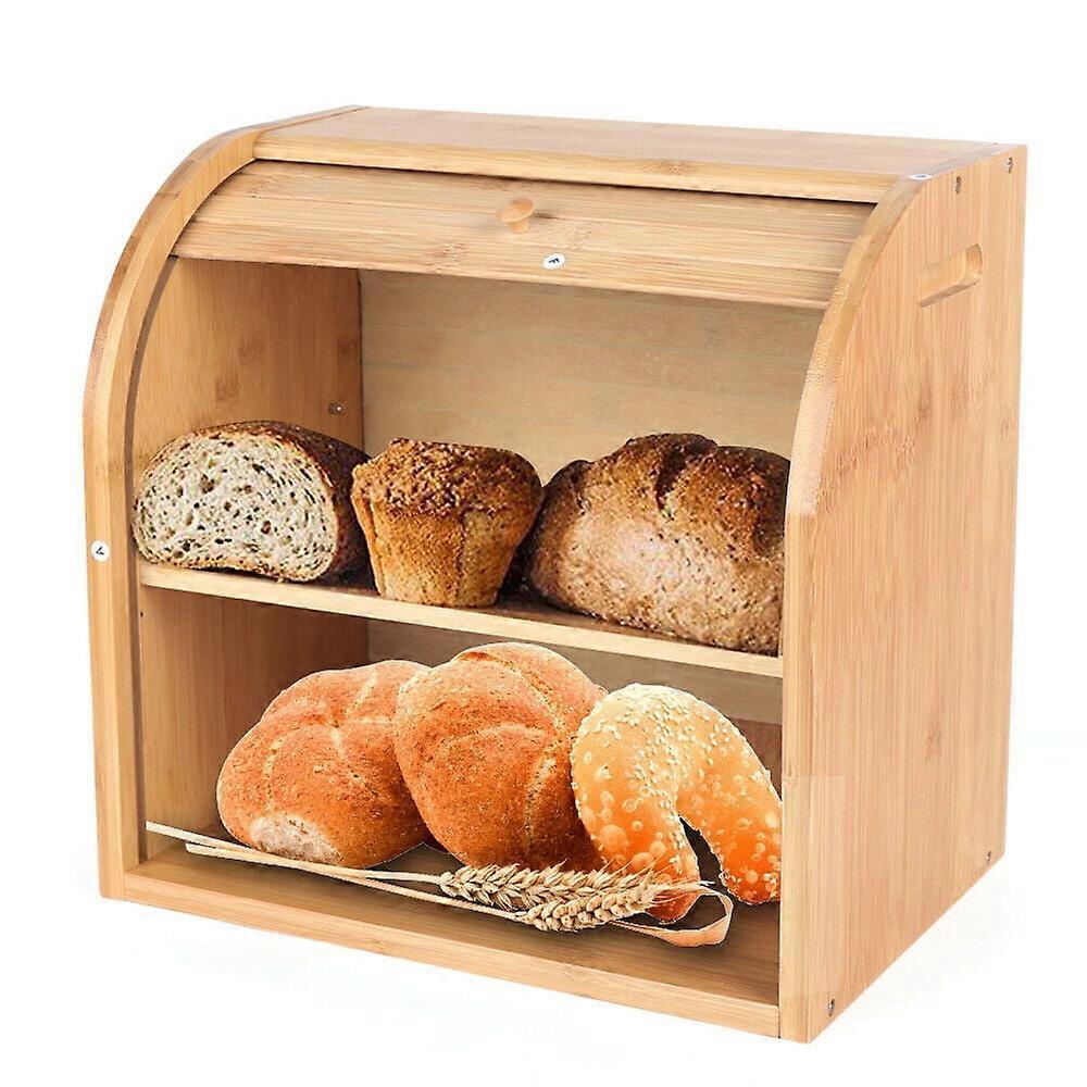 Bamboo Bread Box Double Layer Bread Container Bin Countertop Bread Keeper for Kitchen