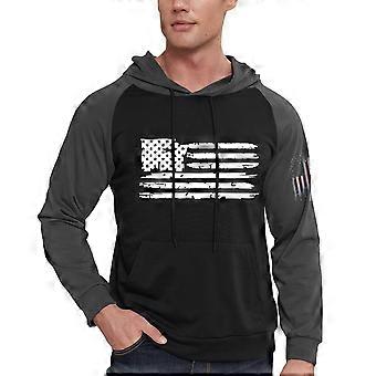 Casual herenhoodie met trekkoord - Lange vlagprint met zakken - Zwart - Maat XL
