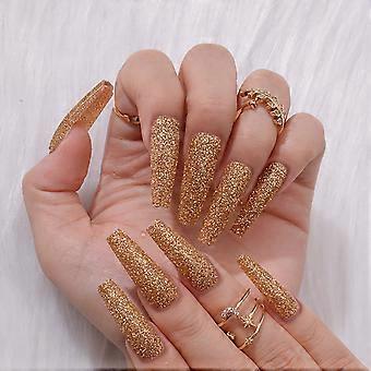 Gold Coffin Press on Nails with Glue, Long Bling Chrome Gel Fake Nails, SalonQuality Handmade Design