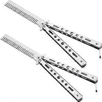 2 Pieces Butterfly Combs Stainless Steel Folding Training Practice Combs Hair Styling Tools for Sport Outdoor Use (Silver)