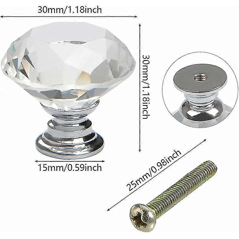 12PCS 30mm Clear Diamond Door Knobs with Screws Crystal Cabinet Drawer Pull