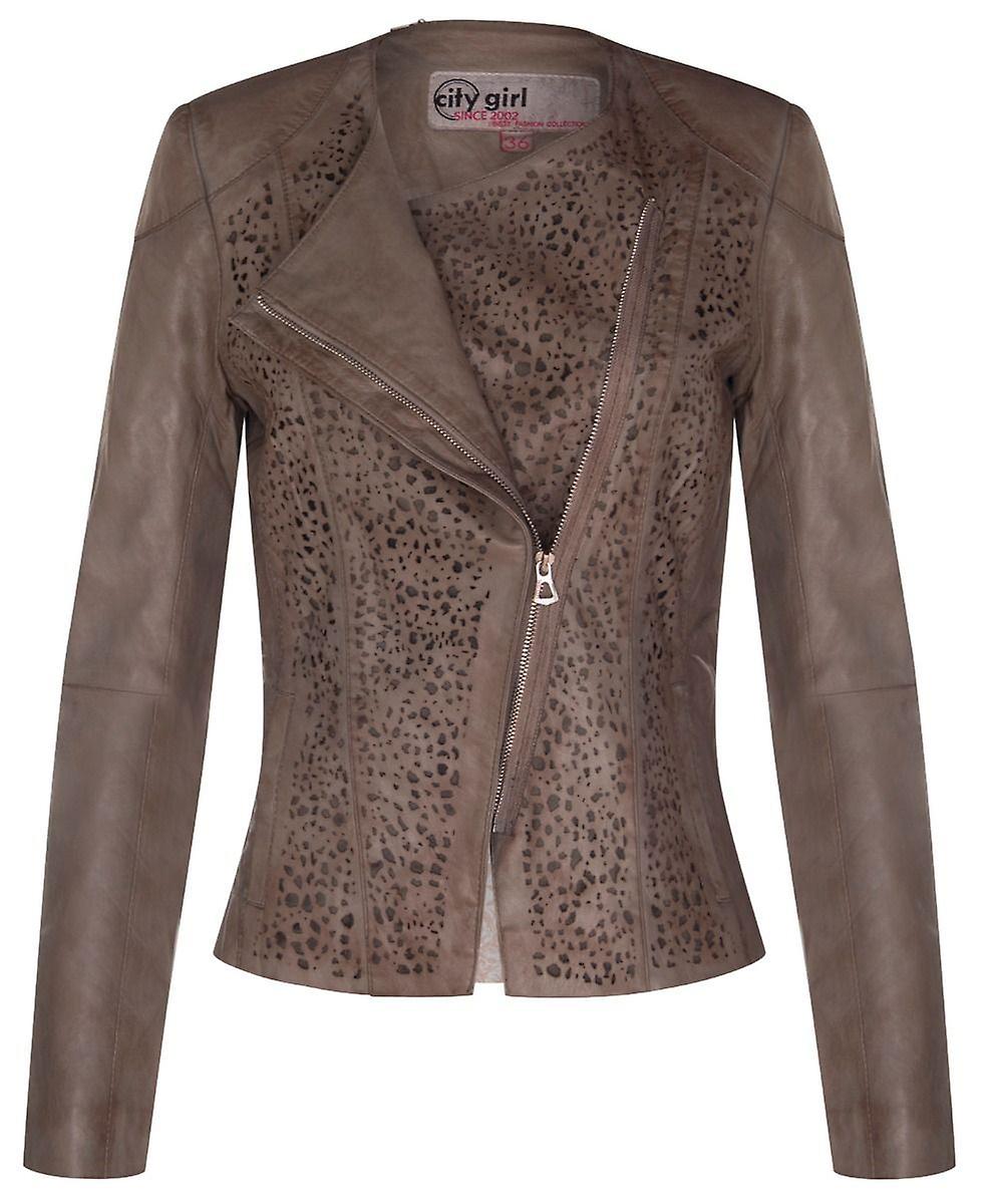 Womens Taupe Retro Laser Cut Classic Collarless Leather Biker Jacket