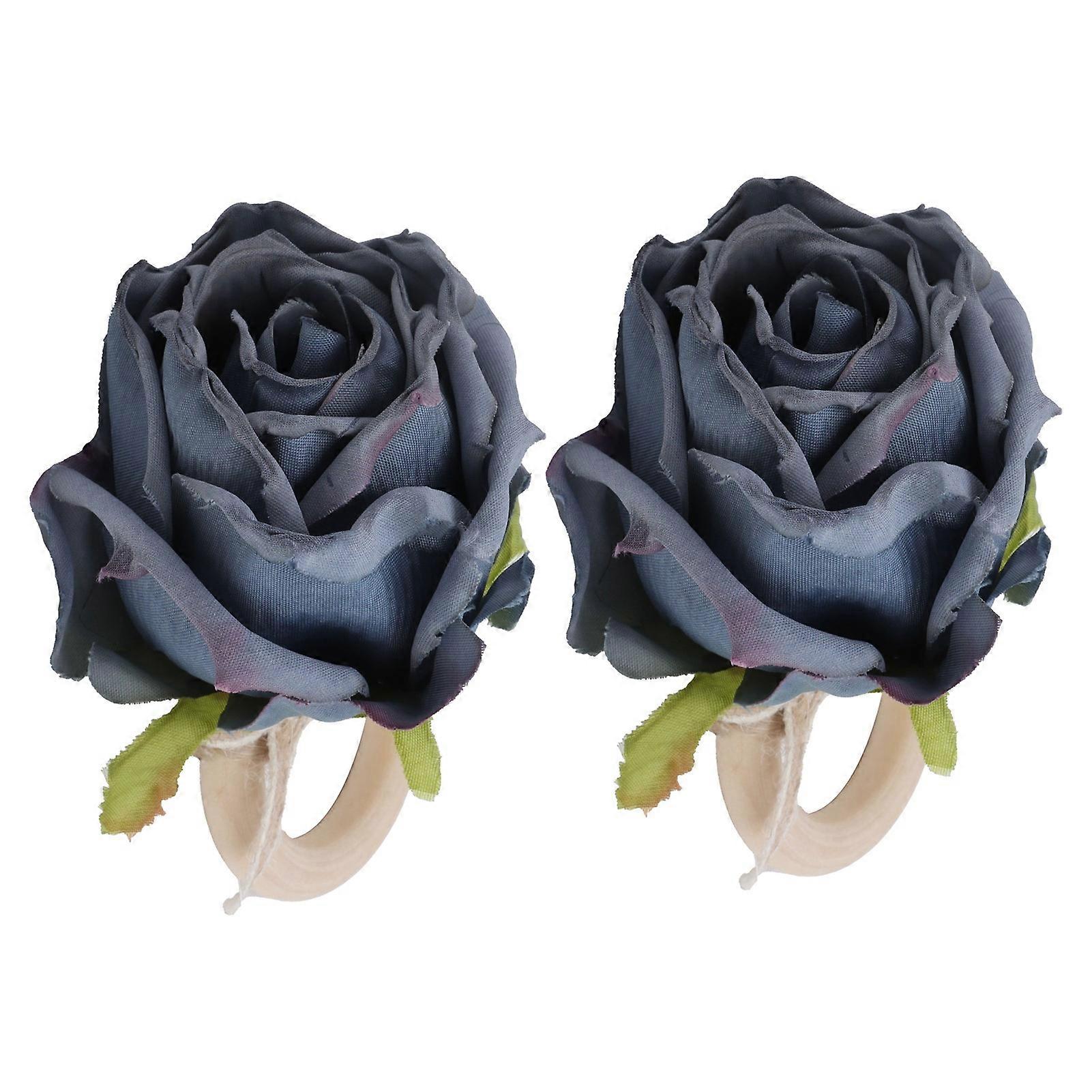 2個のノベルティ木製ナプキンバックル人工花ナプキンリングフェスティバルテーブルデコレーション用ネイビー