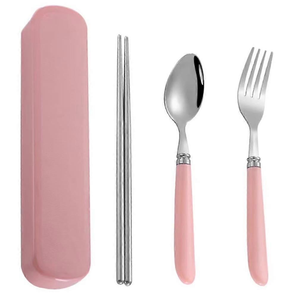 3pcs Portable Stainless Steel Flatware Tableware Cutlery Set With Transparent Storage Box Include Fork Spoon Chopsticks (rosa)