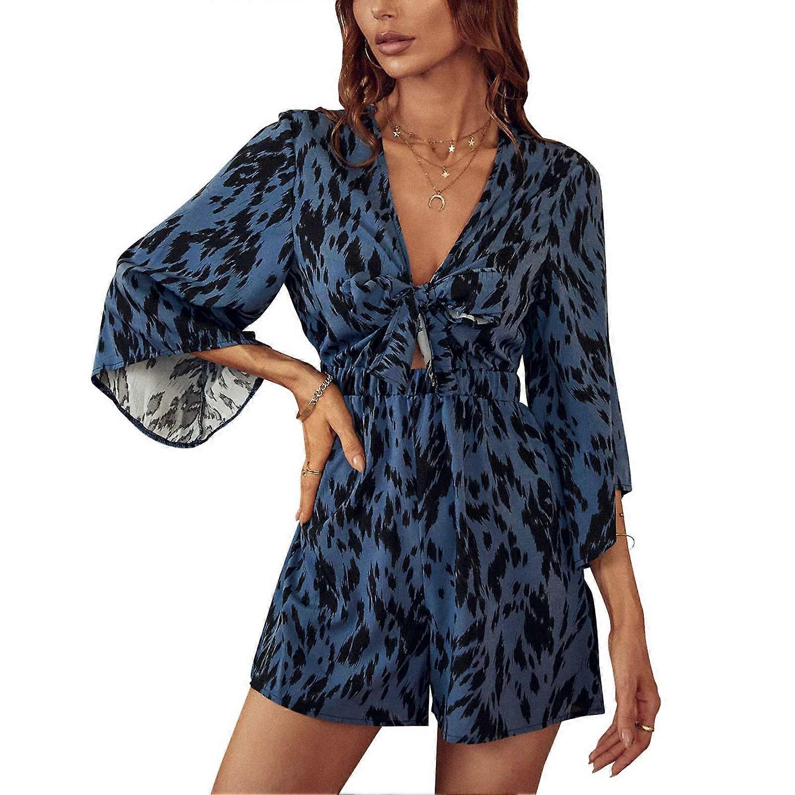 Women Printed Romper Tie Front Deep V Neck Three Quarter Bell Sleeve Summer Short Jumpsuits Blue M
