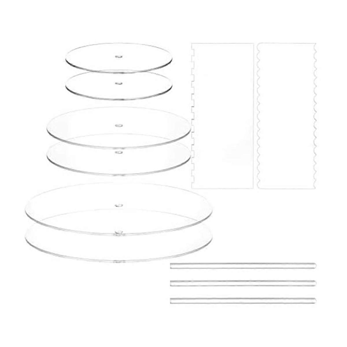 Acrylic Round Cake Disk Set,Cake Discs Set,Comb Scrapers,Dowel Rods,Icing , Smoother for 3 Tier Cakes