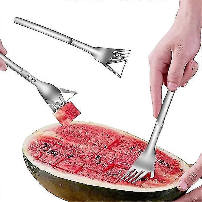 2 In 1 Watermelon Slicer & Cutter-stainless Steel Fruit Cutting Fork Melon Cube Cutting Tool For Kitchen Gadget