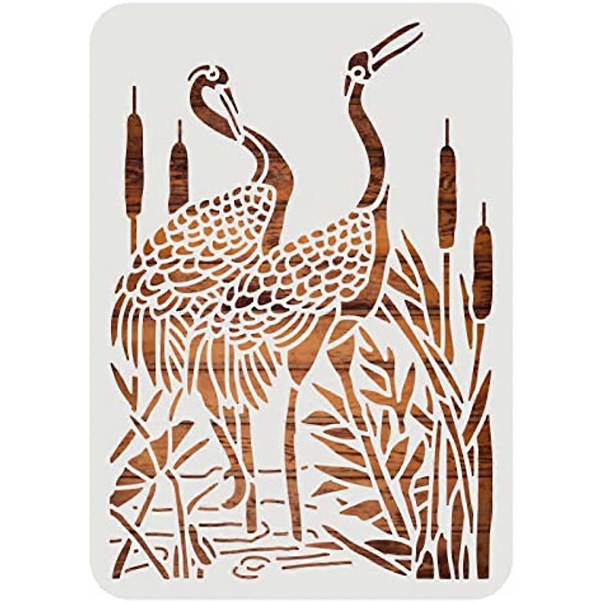 Crane Plastic Stencil Wetland Marsh Crane Cattails Pattern Drawing Painting Templates for Diary Scrapbook DIY Craft Wall Floor Decoration 12x12"