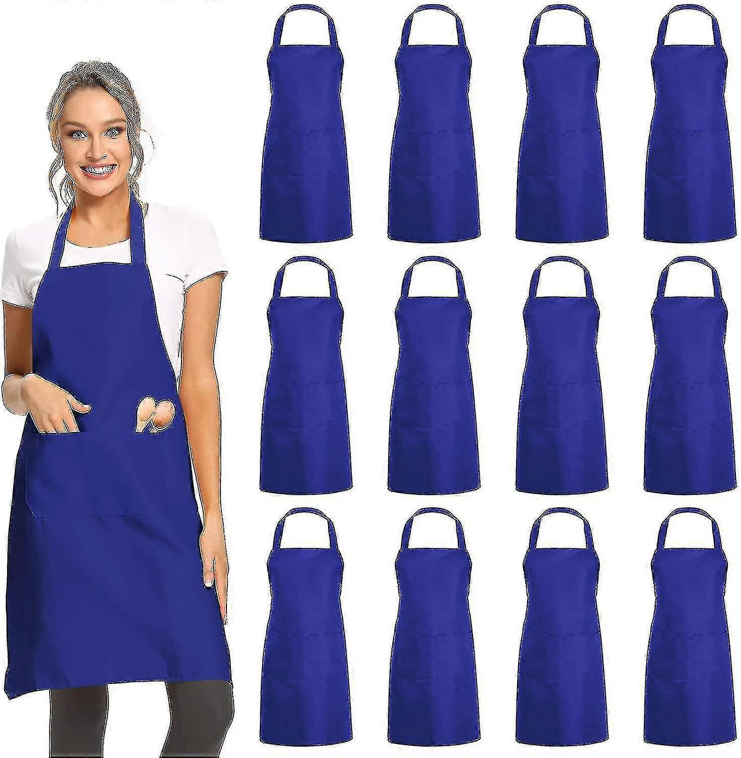 12 Pack Plain Bib Aprons With 2 Pockets - Black Unisex Commercial Apron Bulk