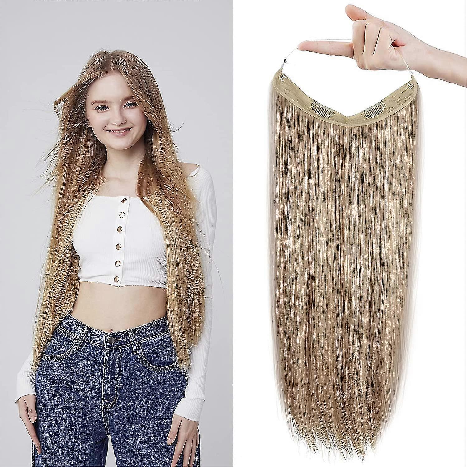 Hair Extensions With Invisible Transparent Wire, Adjustable Size & Removable Secure Clips In Straight Hairpiece, 12 Inch Golden Blonde