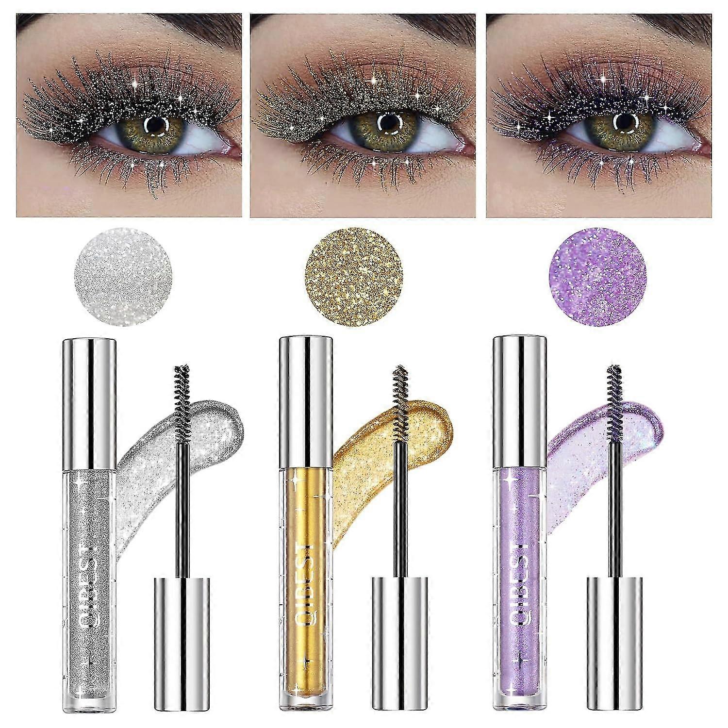 Mascara à paillettes liquides 3 couleurs, mascara volumineux, mascara diamants scintillants, cils colorés brillants imperméables à l’eau
