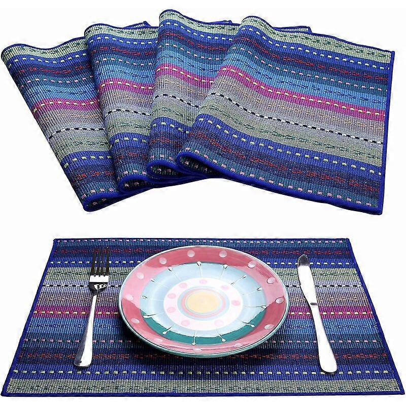 Blue Dining Table, 4 Pieces Hand-stitched Decorative Placemats, Rectangular