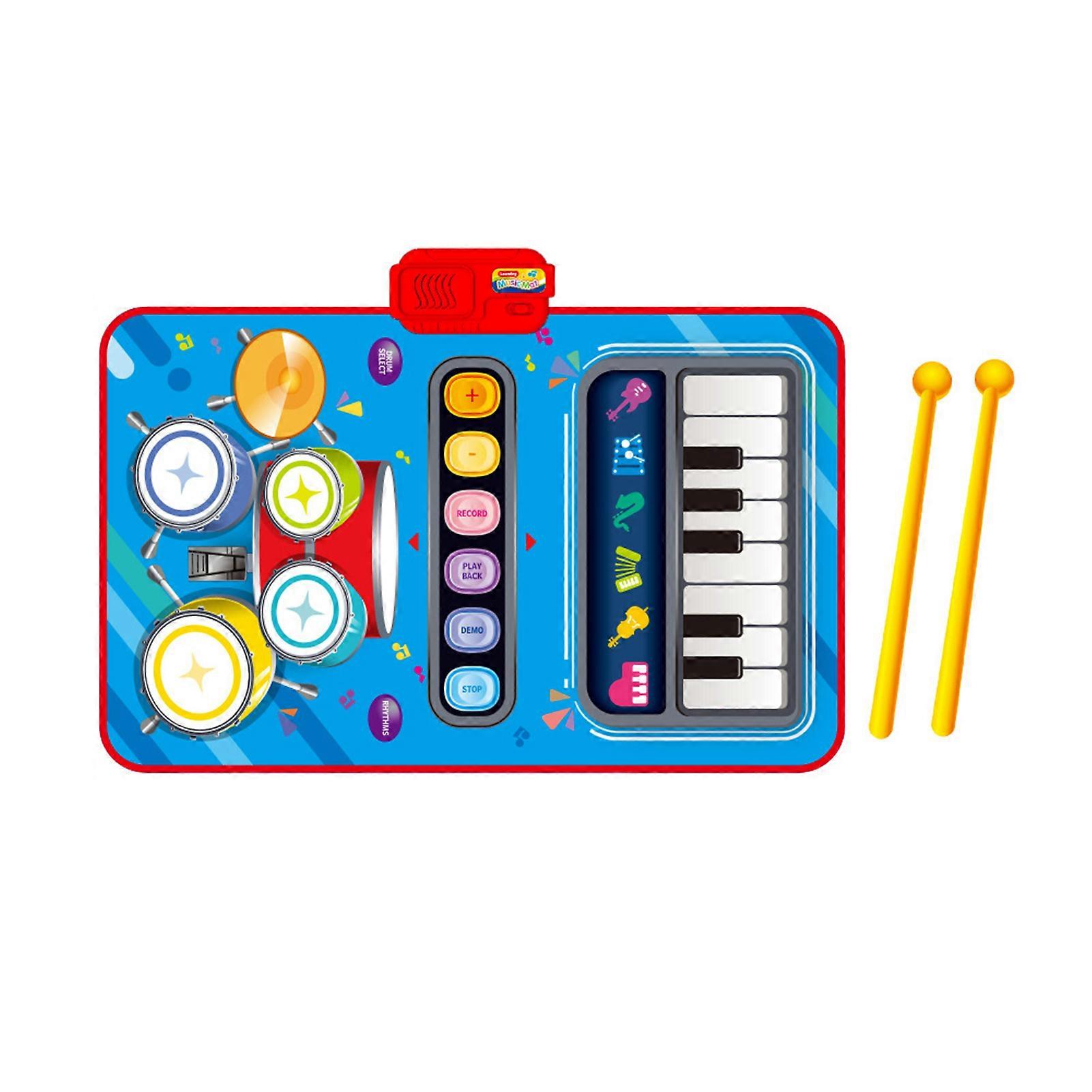 Children Music Blanket 2 in 1 Jass Electronic Music Piano Keyboard Drum with 2 Sticks 13 Insert Songs 6 Instrument Toddlers Musical Mat Baby Learning