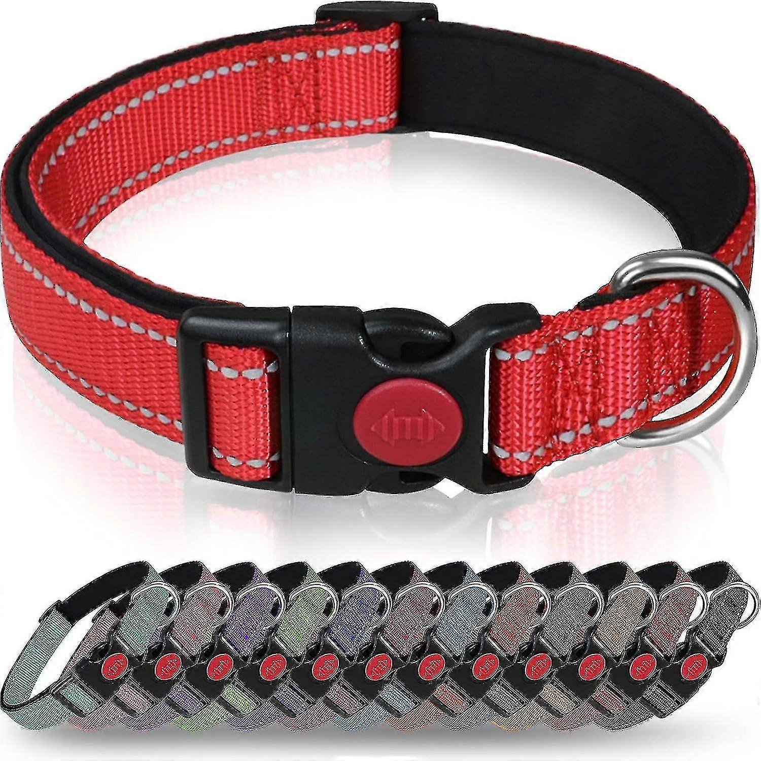 Dog Collar, Classic Adjustable Reflective Nylon Collar With Soft Breathable Mesh Padded For Large Dogs, L,red