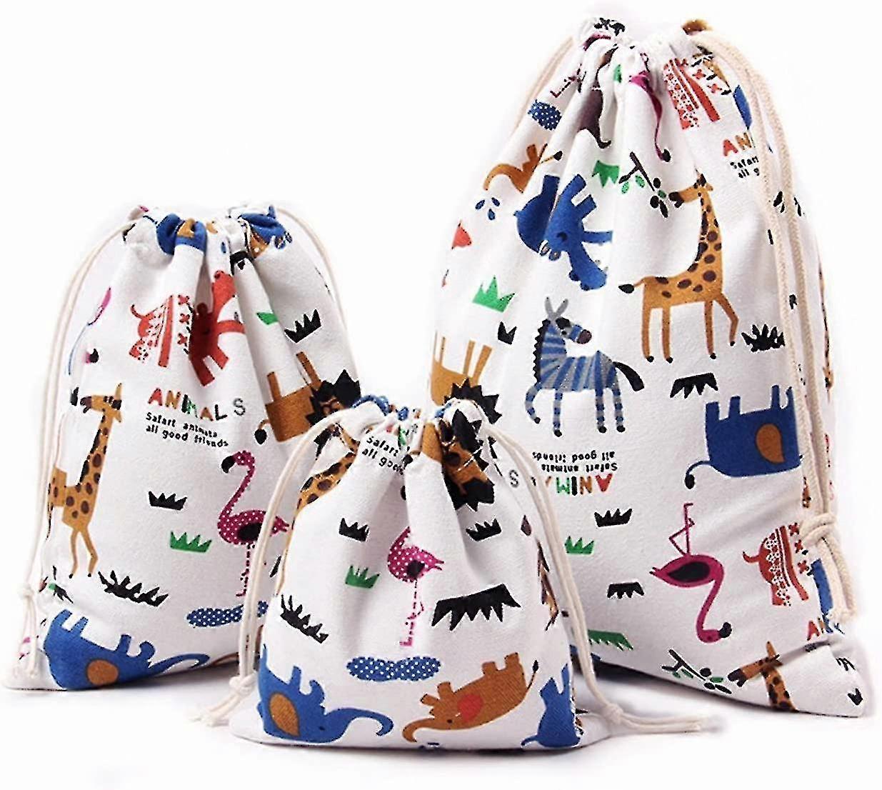 3ピースコットンバッグセット、巾着バッグ小、収納バッグ(大25×30cm、中19×23、小14×16)