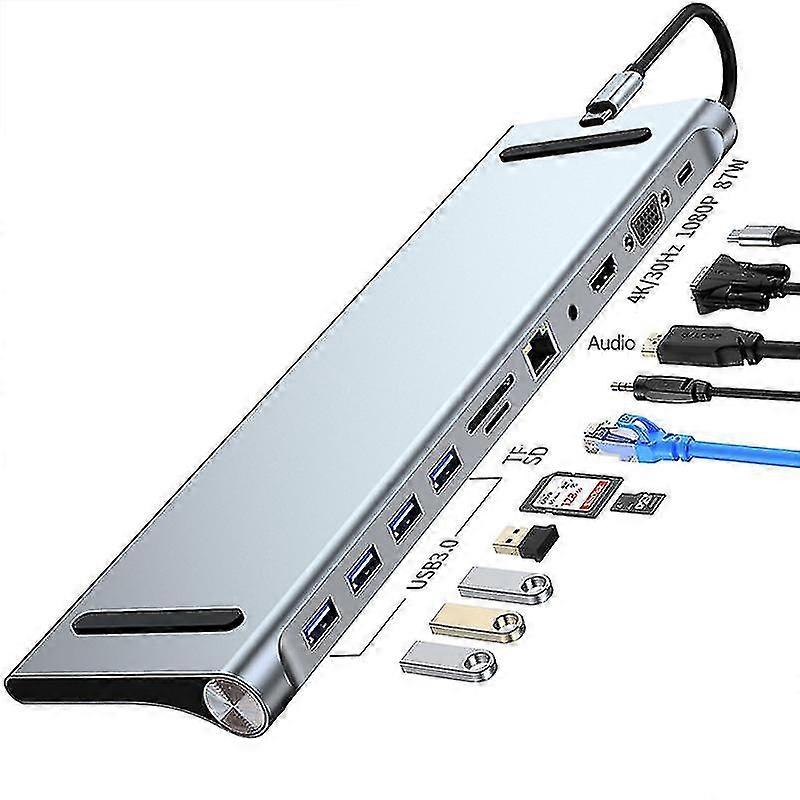 Koncentrator USB C, wieloportowa stacja dokująca 11-w-1 z 4k Hdmi, Dp, Vga, Usb-c 100w Pd Pass-through Charging, 4 Usb3.0, Gigabit Ethernet, Sd, Microsd