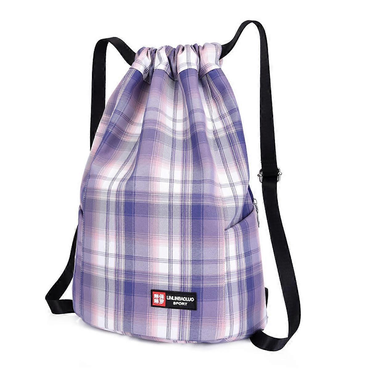 Grid Backpack Drawstring Bag Cloth Bag Sports Backpack Simple
