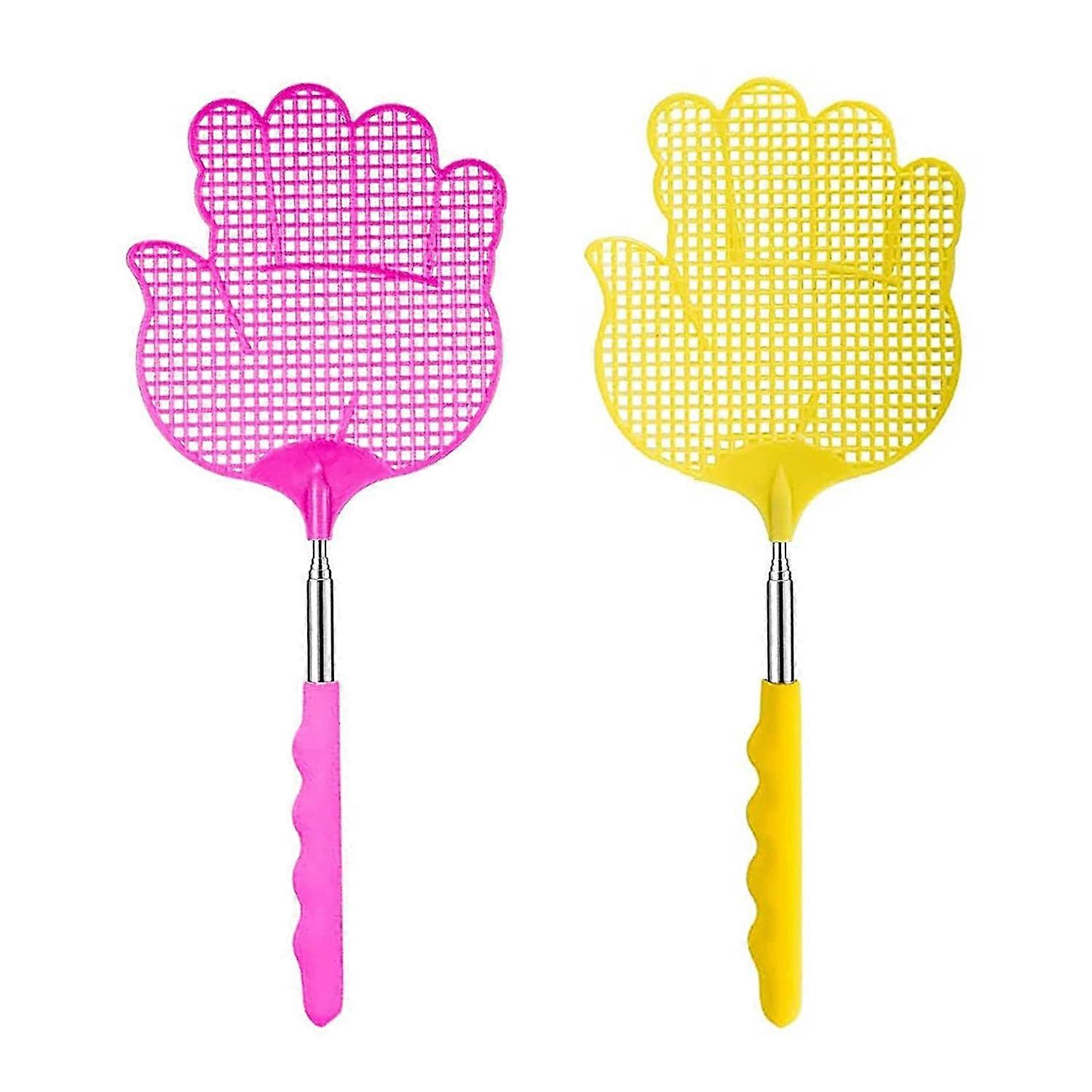 2 pack of palm shaped fly swatters (yellow + pink), expandable fly swatter, fly swatter pest control with strong flexible and durable telescopic handl
