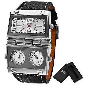 Nya Män Dual Display Sport Klockor Oulm Män Klocka Vik Stor Storlek Mode Utomhus Klocka Läder Kvarts Klocka Relogio Masculino
