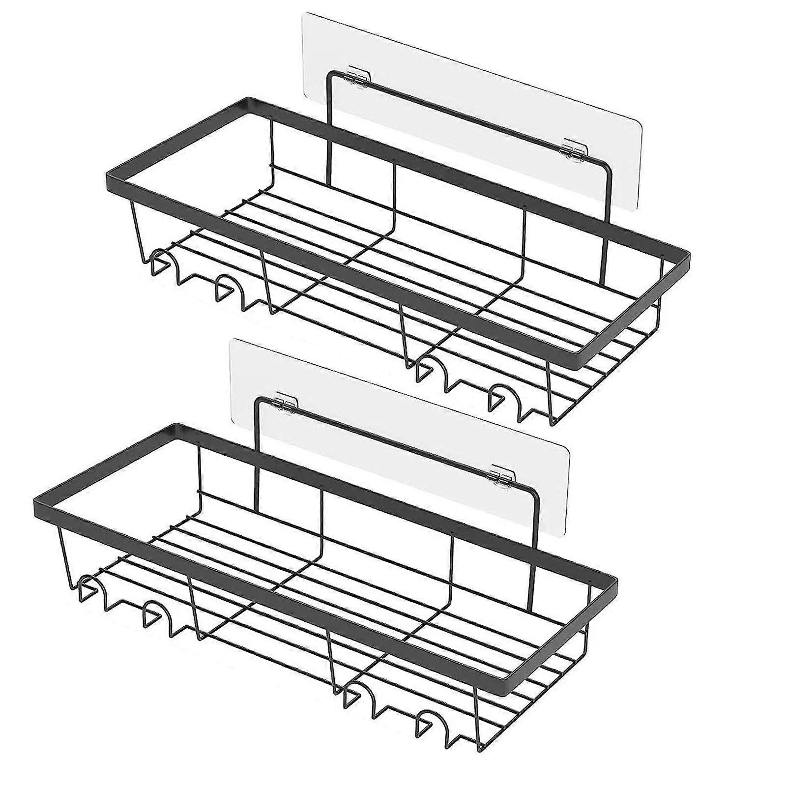 2Pcs Carbon Steel Shower Caddy Organizer Shelf with Adhesive Tape Punch-Free Installation Hollow Bottom Design Drying Rack with Side Hook Wall-Mounted
