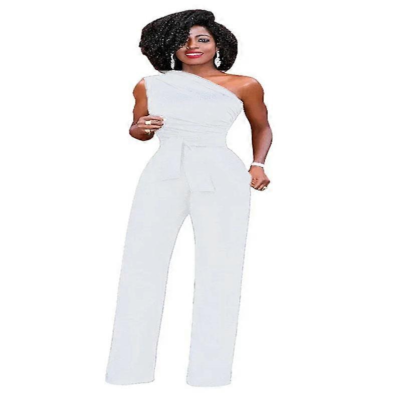 Women's Jumpsuit Solid Skew Collar Crop Top Straight Pants Belt Sexy Sleeveless Loose Pants Elegant Charming Playsuits