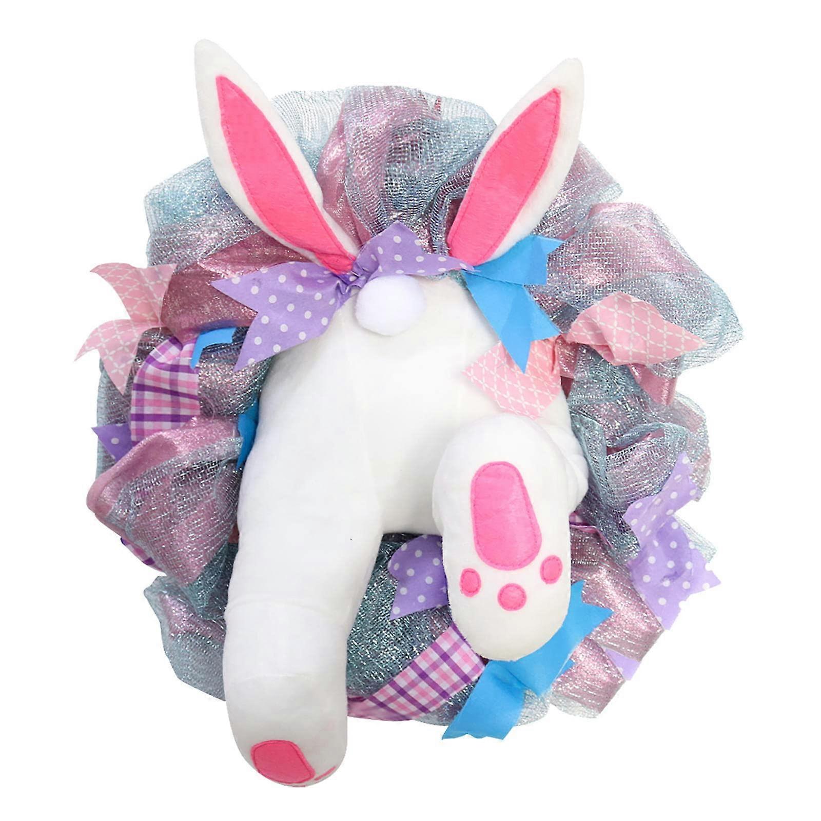 Easter Bunny Butt Wreath with 3D Plush Ears, Spring Floral Door Decor, 24-Inch Size, Soft Fabric Design