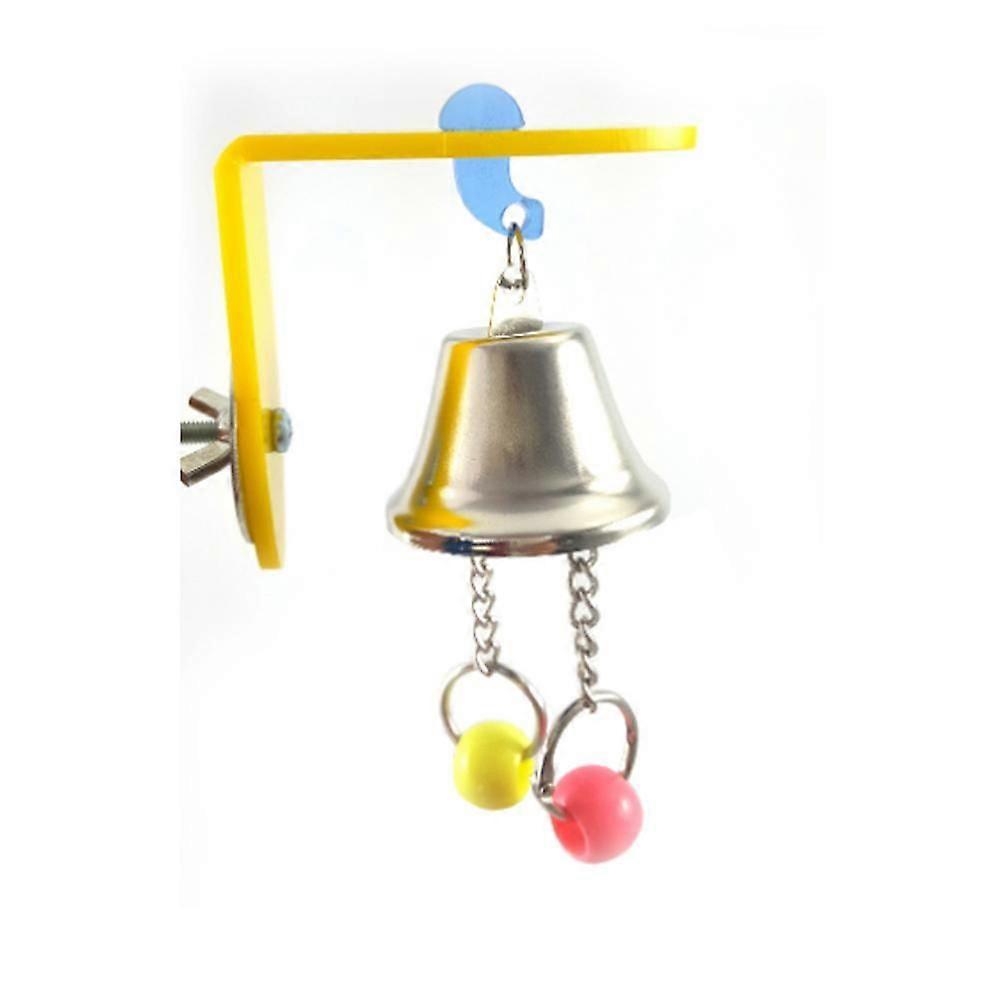 Two parrot toy birds bite big bells, string birdcages and hang small pet articles