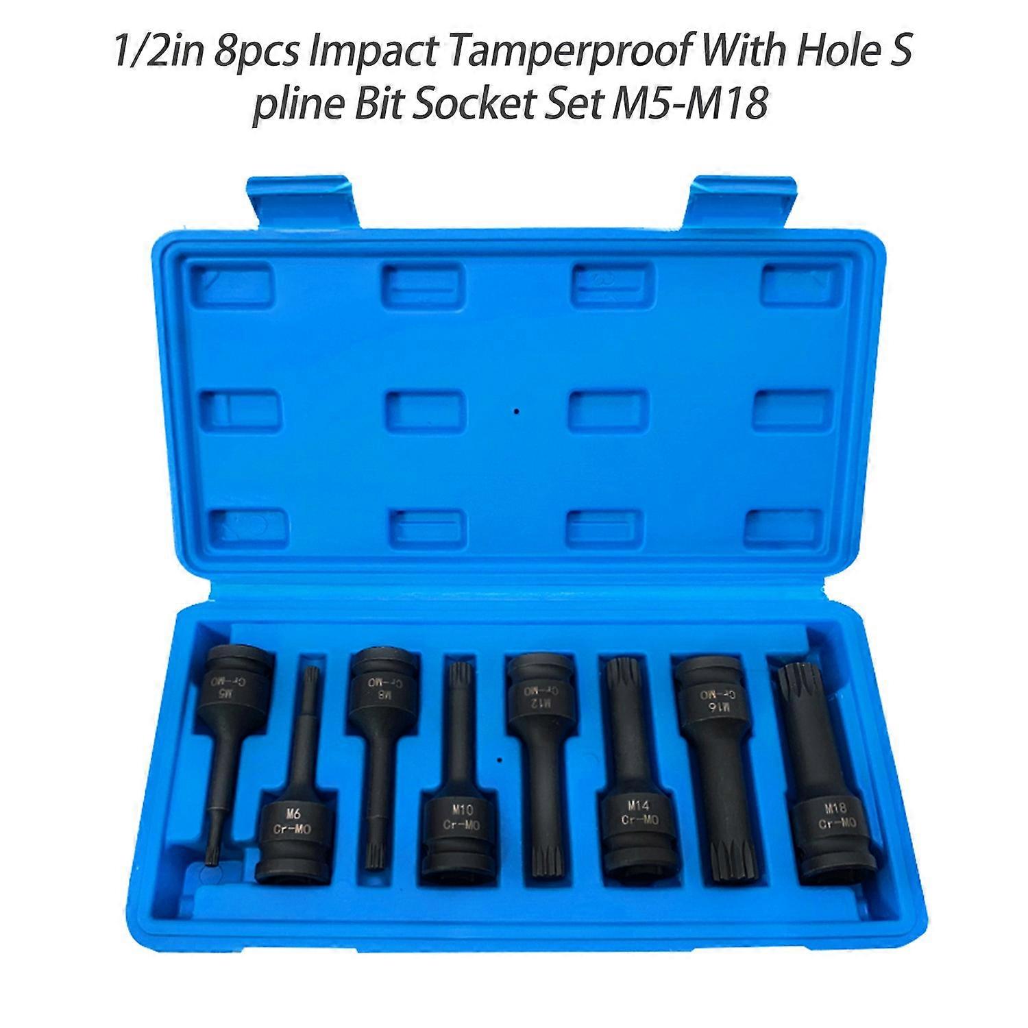 1/2in 8pcs Impact Tamperproof With Hole Spline Bit Socket Set M5-M18