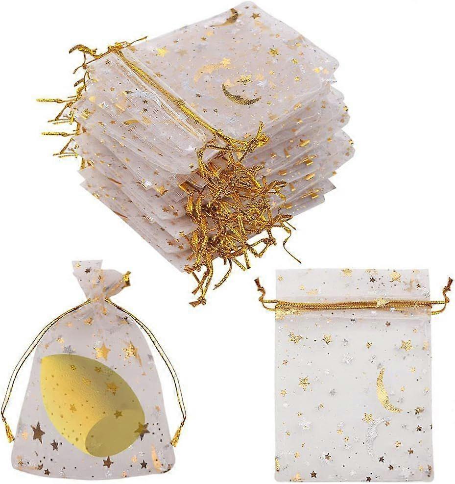 100ピースムーンスターオーガンザジュエリーキャンディーバッグ、2.7x3.5インチ好意バッグギフトポーチ、結婚披露宴バレンタインデー用巾着付き