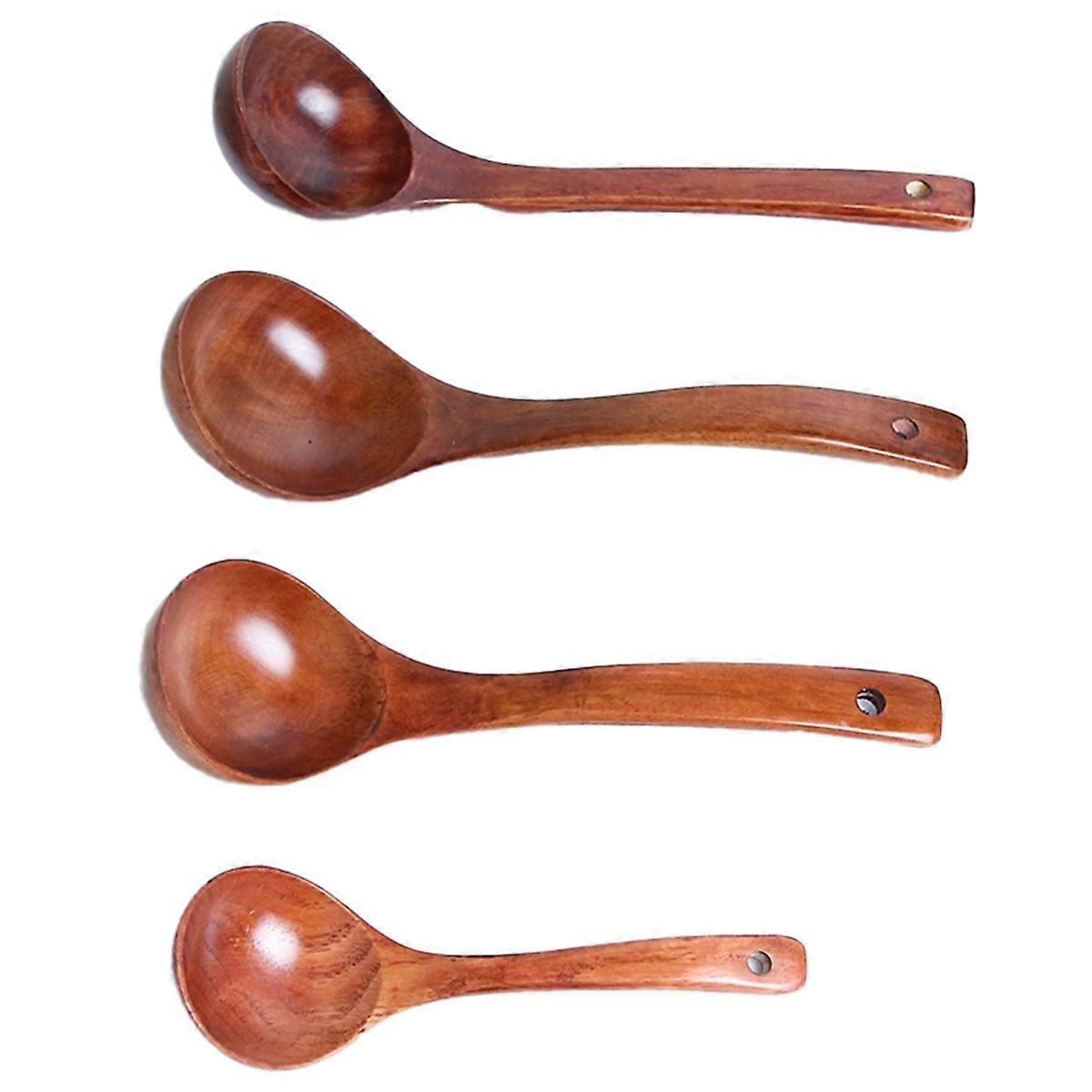4Pcs Natural Wooden Large Soup Scoops Handle Cooking Scoop Wood Ramen Rice Spoon Soup Ladle Catering Kitchen Utensil