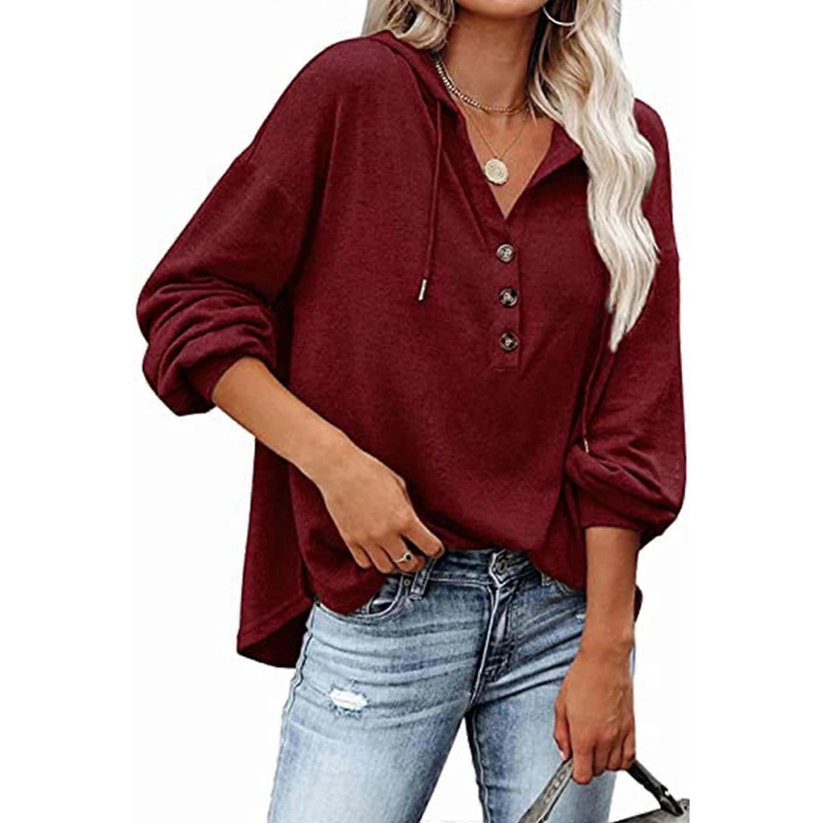 Womens Button Up V-Neck Hoodies Casual Drawstring Long Sleeve Sweatshirts Loose Fitting Solid Color Pullover Tunic Top Claret XL