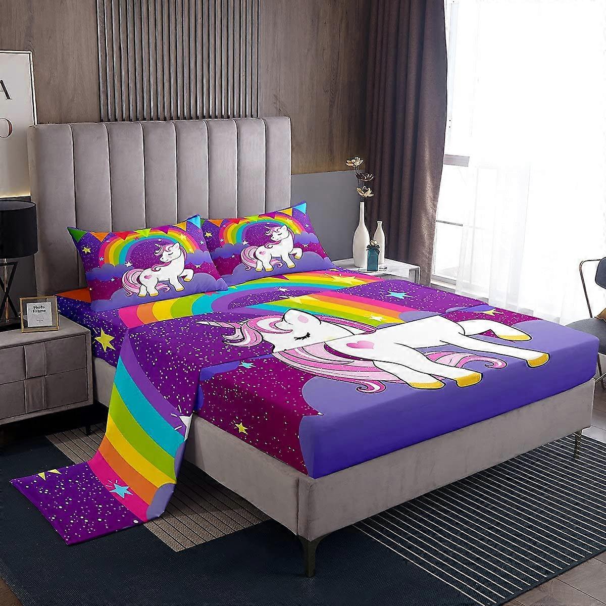 Unicorn Sheets Twin Size Bedding Set with Rainbow Unicorn Print, Kawaii Fitted and Flat Sheets for Girls Room Decor, Purple Multi