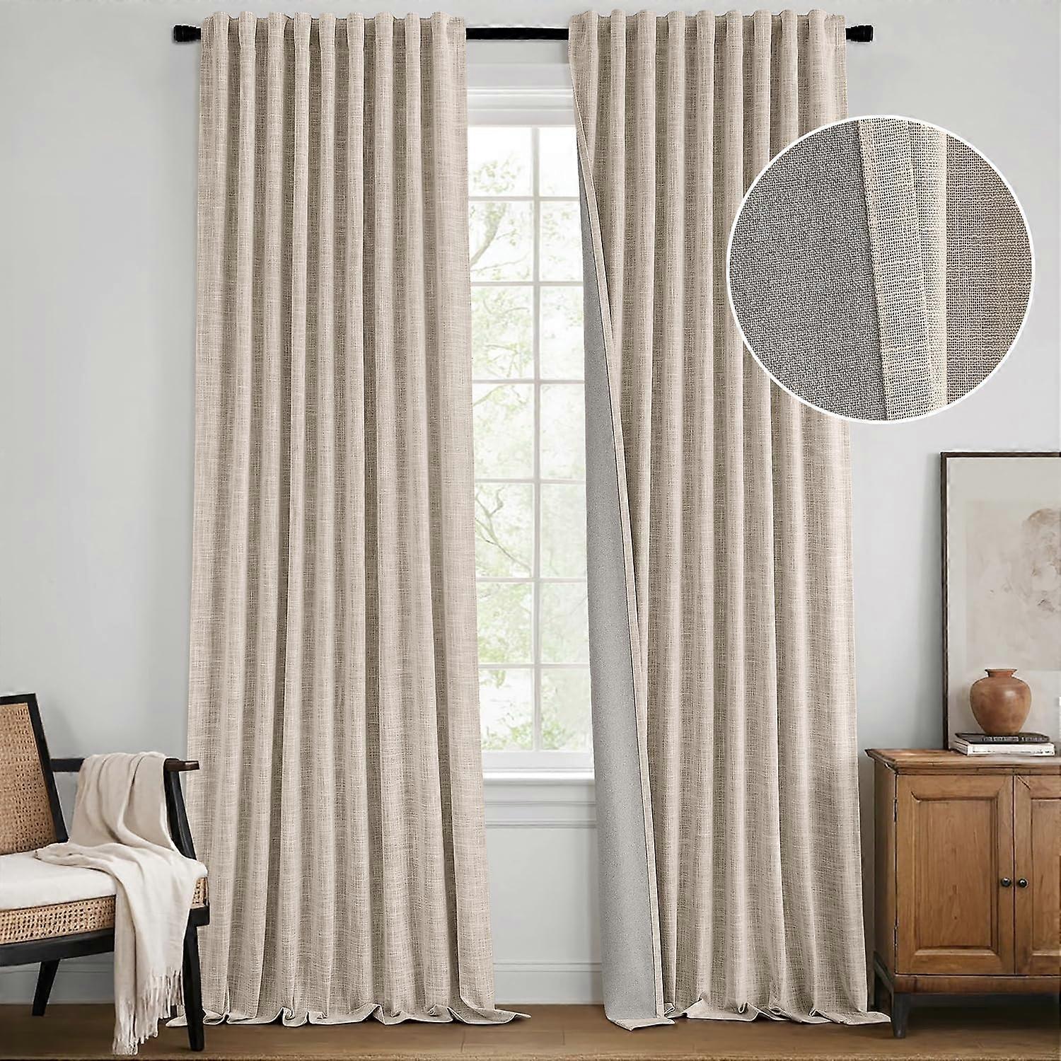 Beige Blackout Linen Curta 84 Inch 2 Panels Set Double Sided No Coating