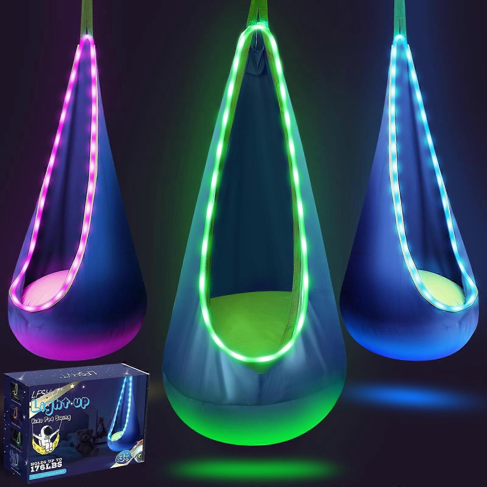 Light Up Kids Pod Swing Seat, Upgraded Hanging Hammock Swing with LED Lights, Cotton Pod Swing Chair